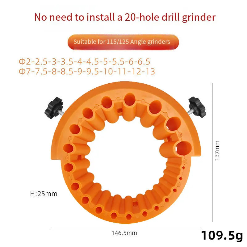 Affûteur de forets anti-dénudage pour meuleuse d'angle 2-13 mm, 20 trous avec inserts filetés métalliques, compatible avec les meuleuses 115/125, redonne vie aux vieux forets