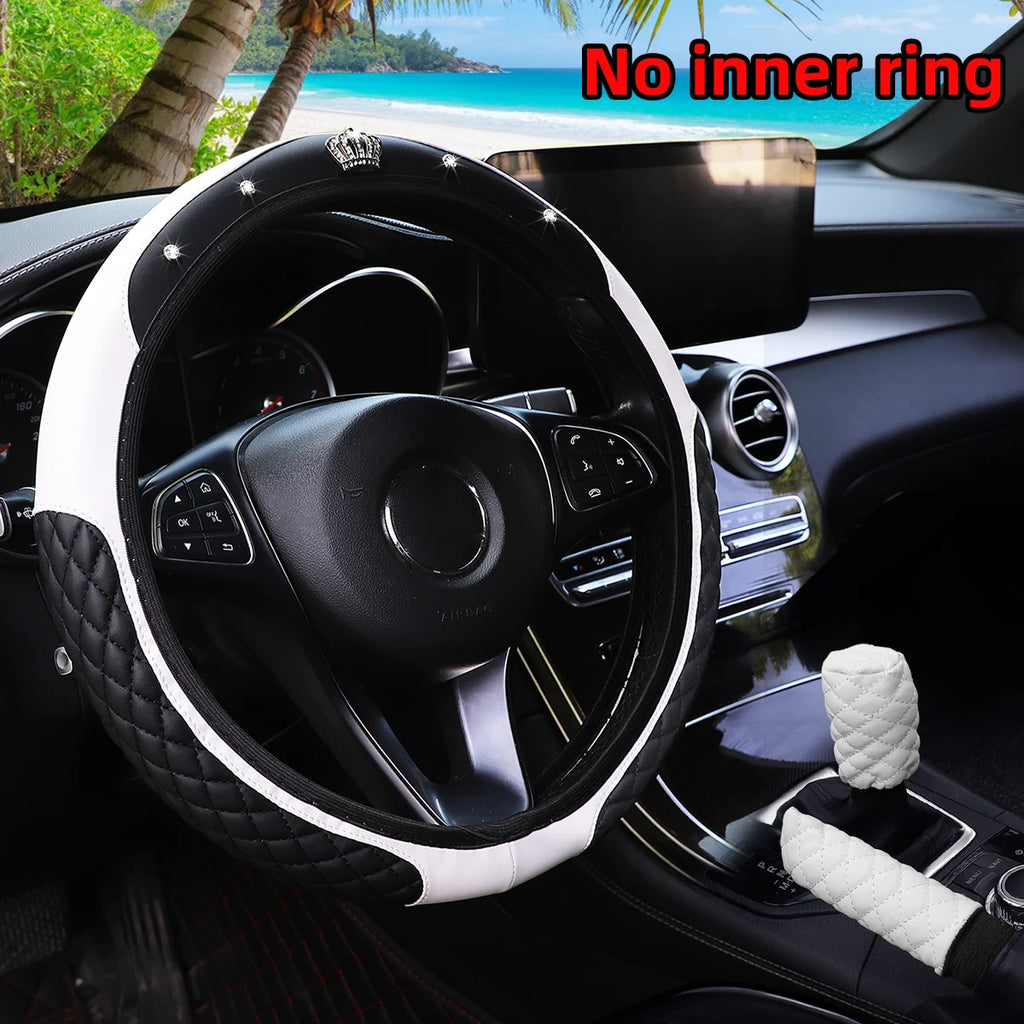 Couronne en cuir PU avec incrustations de diamants pour voiture, sans anneau intérieur, couvercle de volant, couvercle de changement de vitesse, couvercle de frein à main, 3 pièces
