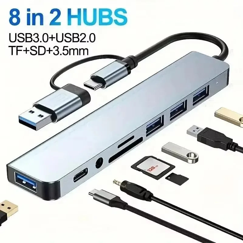 Station d'accueil hub USB + Type C 8 en 2 avec adaptateur audio jack 3,5 mm, lecteur de carte micro SD, convertisseur de disque pour ordinateur portable, tablette et téléphone.