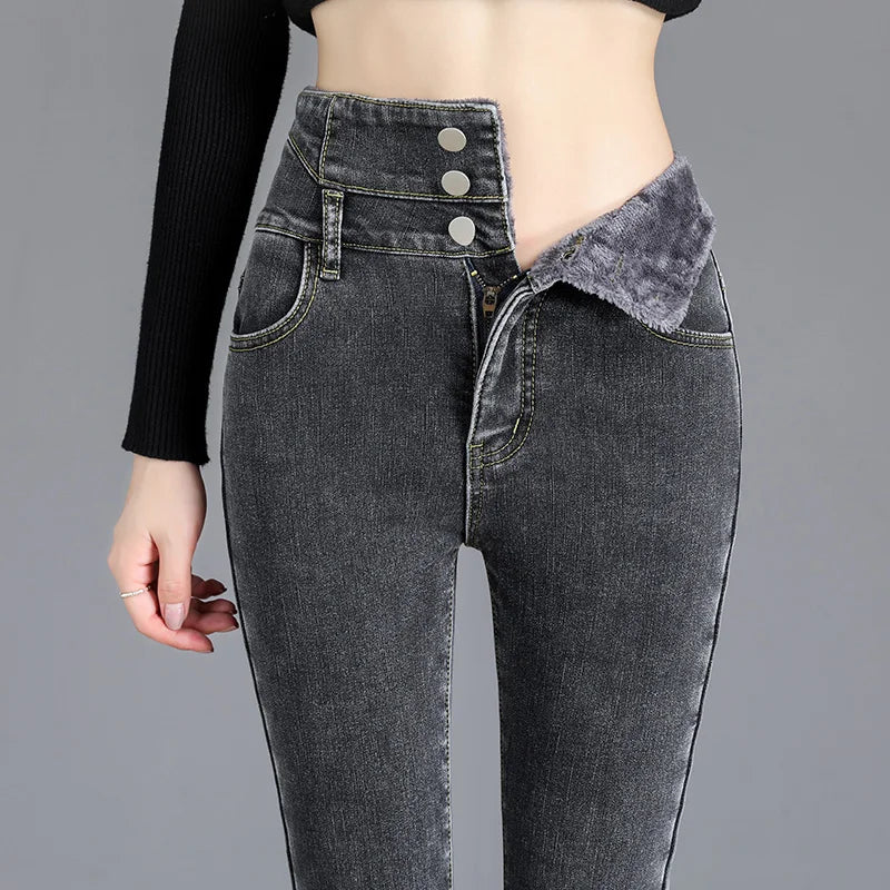 Thermique Hiver Épais Polaire taille Haute Chaud Skinny Jeans Épais Femmes Bouton Extensible Crayon Pantalon Maman Décontracté Velours Jeans