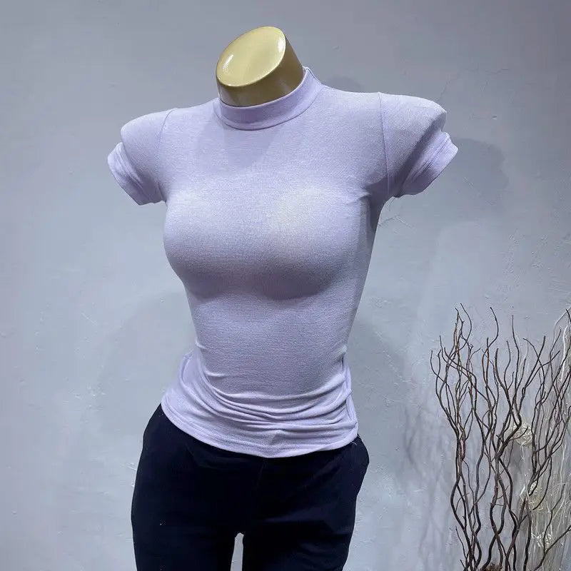 T-shirt coréen à col mi-haut, Transparent, manches courtes, coupe cintrée, élastique, solide, chemise à bascule intérieure, Sexy, grande poitrine