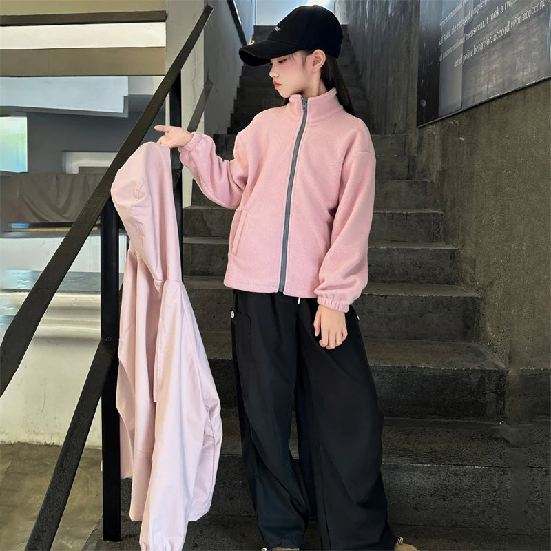 Veste à capuche pour enfant de 4 à 14 ans, ensemble deux pièces pour fille, vêtement d'extérieur sportif pour enfant, style printemps-automne, chaude