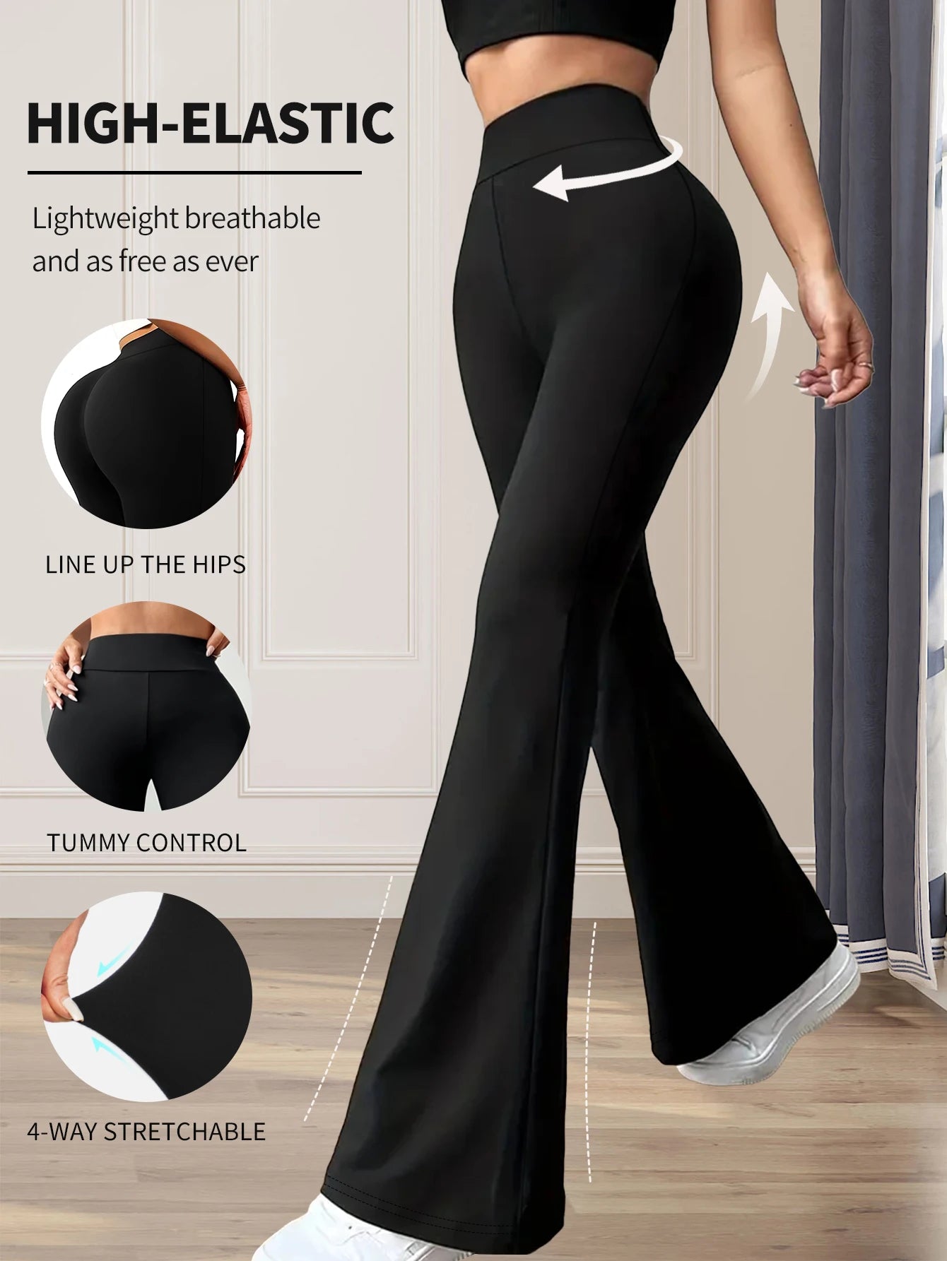Pantalon évasé taille haute moulant pour femme, idéal pour le printemps et l'été ; pantalon noir long à jambes fines et larges pour femmes minces