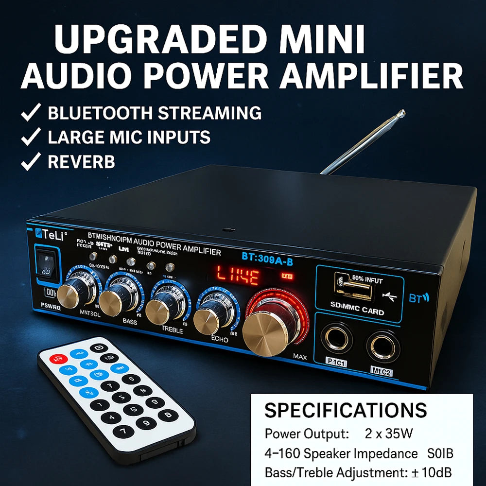 Amplificateur audio miniature BT-309A-B 35 W x 2 / Bluetooth USB SD FM AUX Entrée micro avec écho / Alimentation DC 12 V / AC 220 V