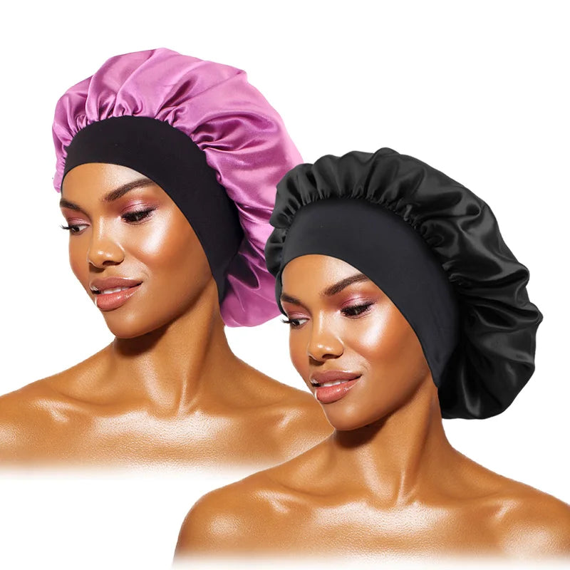 Bonnets solides en Satin pour femmes, Bonnet de bain à larges bords pour dormir la nuit, unisexe, bandeau élastique, Bonnet de soins capillaires