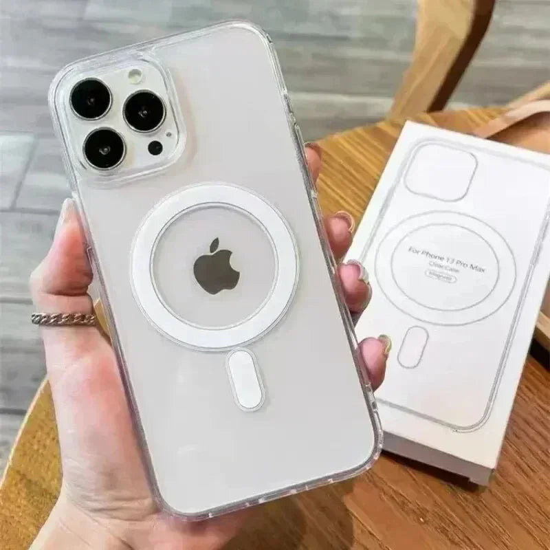 Coque magnétique MagSafe résistante pour iPhone 16e, 16, 15, 14, 13, 12, 11 Pro Max Plus, Mini - Coque arrière hybride rigide en silicone transparent