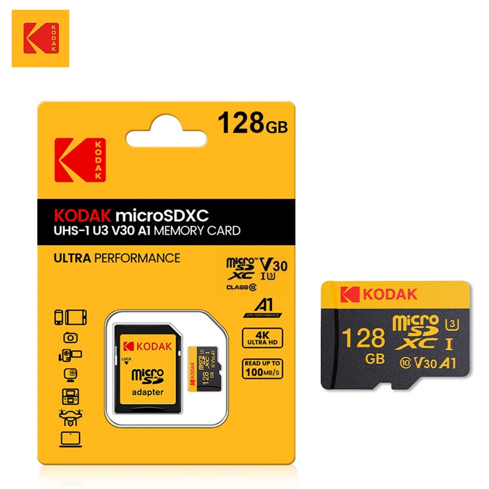 Carte mémoire KODAK Micro SD 512 Go 256 Go, jusqu'à 100 Mo/s, C10 U3, 32 Go 64 Go 128 Go, compatible 4K HD, pour lecteur de cartes USB et adaptateur MicroSD