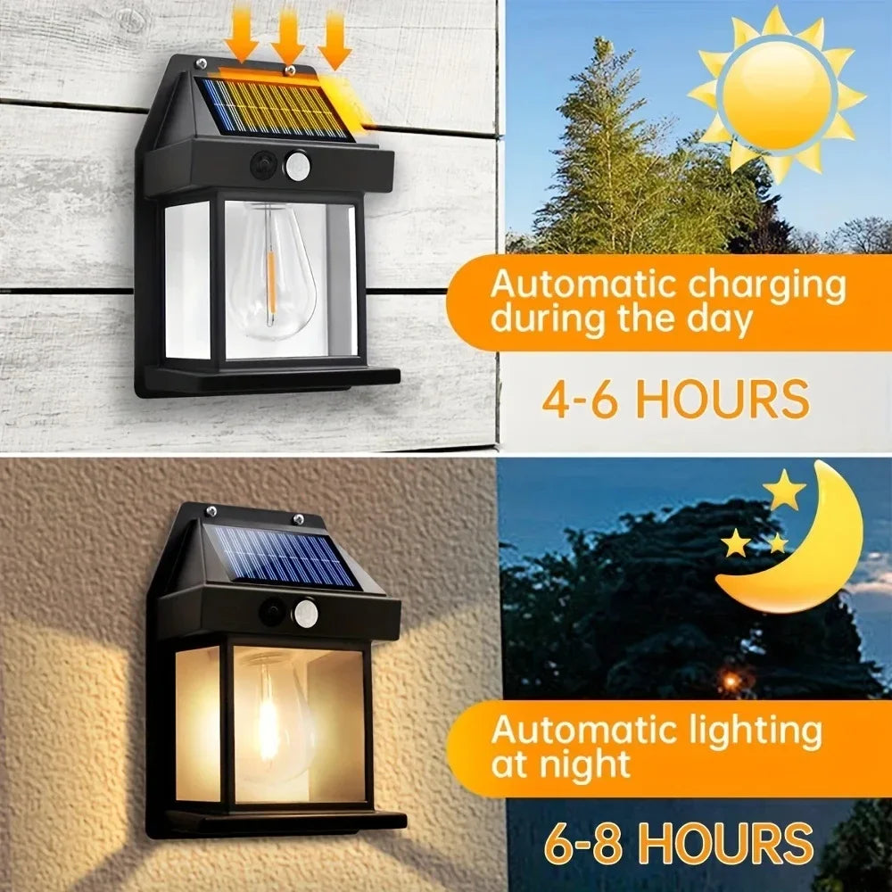 Lampe de nuit solaire en tungstène, capteur de mouvement Intelligent, applique murale, 3 Modes d'éclairage, lanterne étanche de décoration de jardin de cour