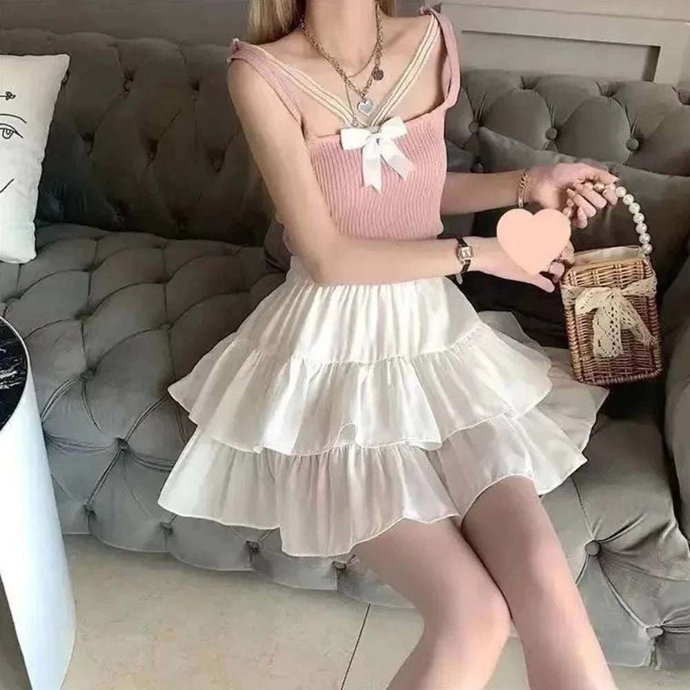 Jupe trapèze plissée blanche pour femmes, à volants, Style Preppy, taille élastique, Slim, Simple, décontracté, vente en gros, été
