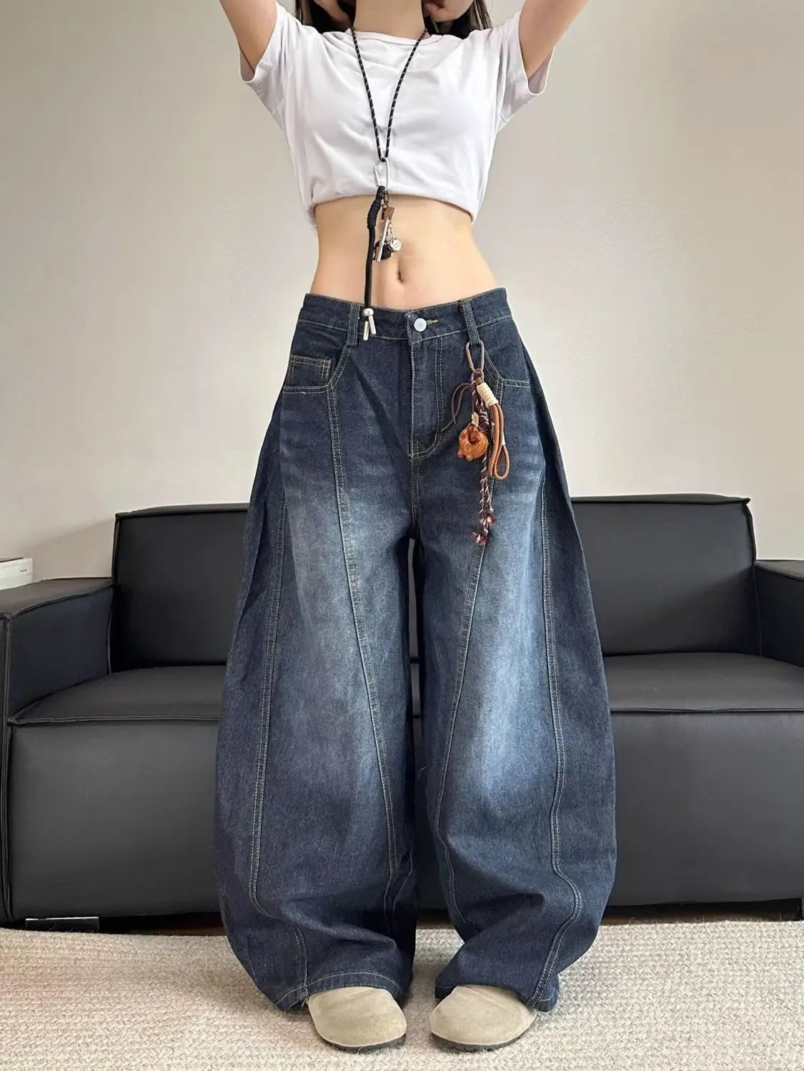 Jean en Denim brodé pour femmes, élégant, Chic, élégant, Patchwork, Vintage, drapé, droit, coupe ample, amincissant, polyvalent