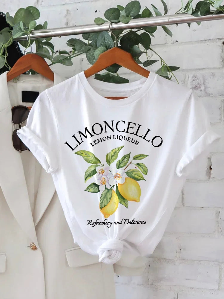 T-shirt manches courtes col rond femme, décontracté, avec lettres imprimées citron, Streetwear Kawaii, Vintage, chemise de fruits, été