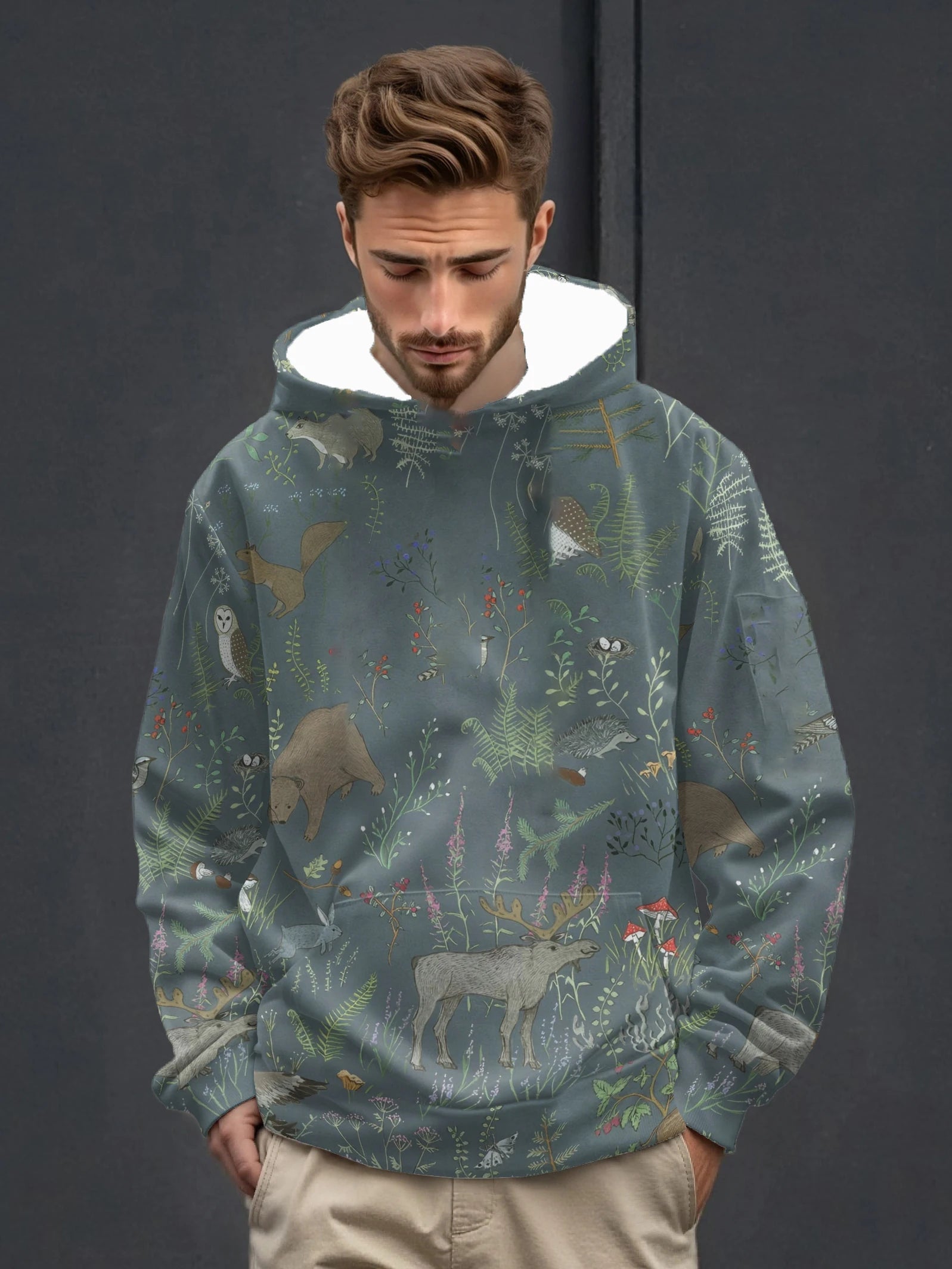 Sweat à capuche pour homme avec imprimé scène naturelle de forêt, motif animal et végétal, manches longues, haut décontracté à la mode pour le quotidien