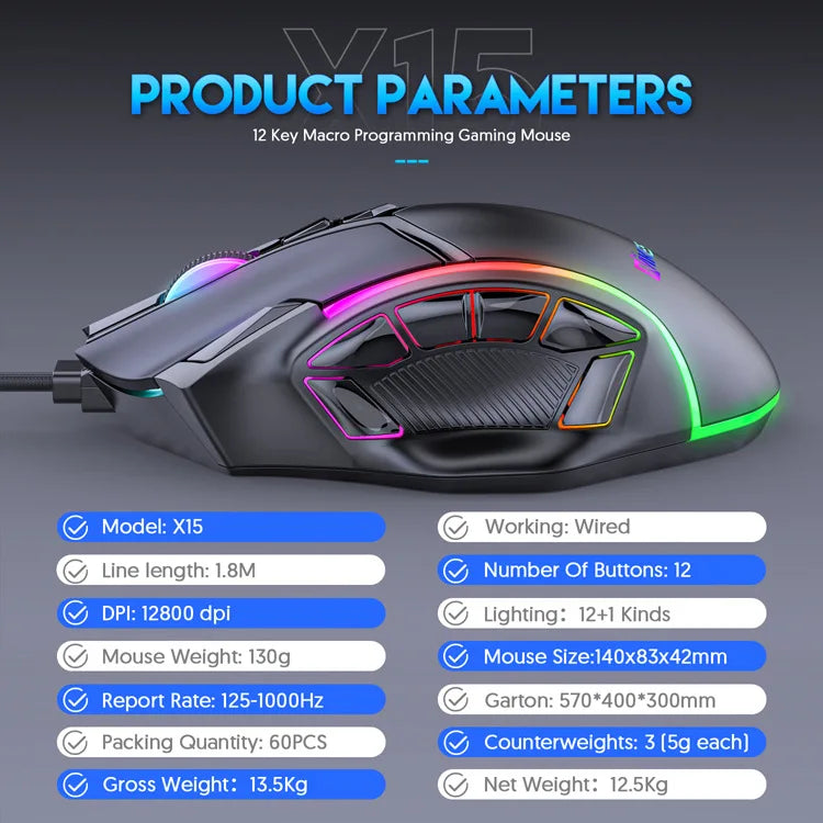 Souris gaming 12800 DPI sans poids, macro RGB, 12 touches programmables, éclairage RGB jusqu'à 6 niveaux, compatible PC, Mac, PC portable et PUBG.