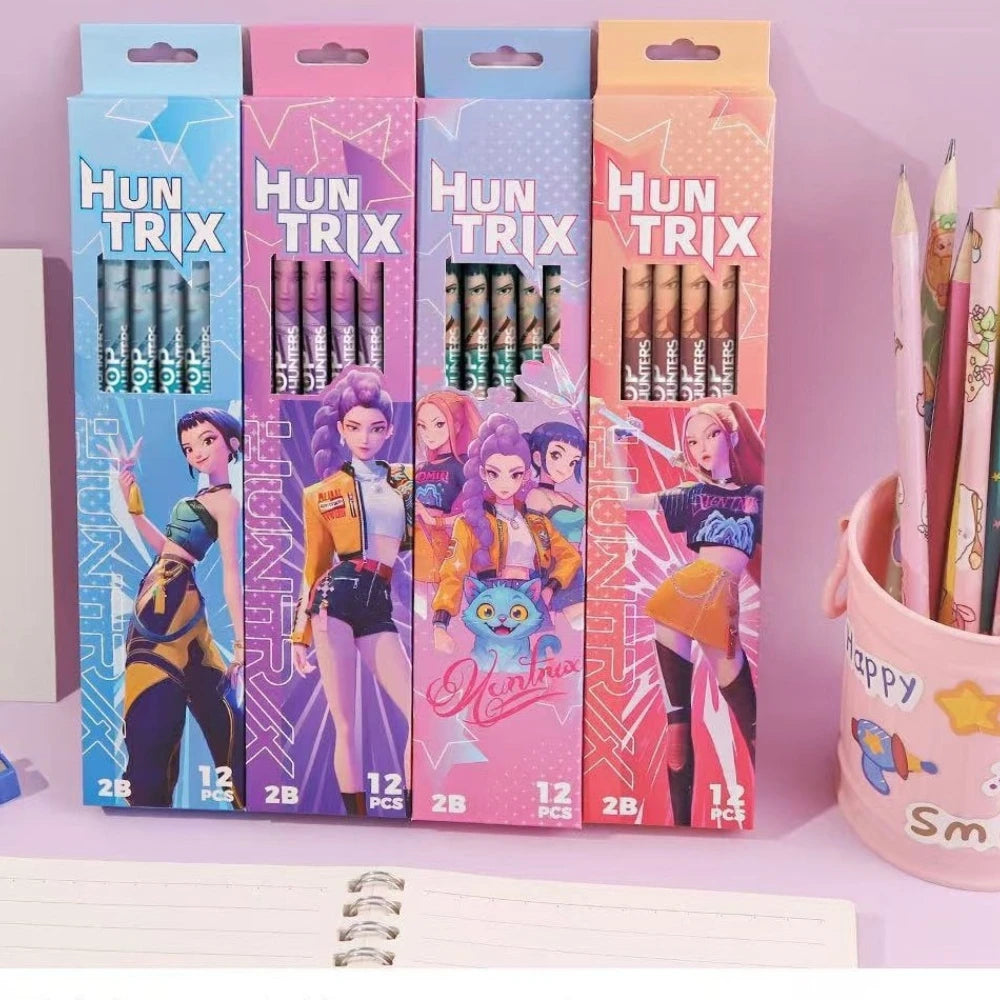 Lot de 12 crayons à dessin Kpop Demon Hunters Huntrix 2B en graphite de bois, pour une écriture fluide, idéaux pour l'école, le bureau et le dessin