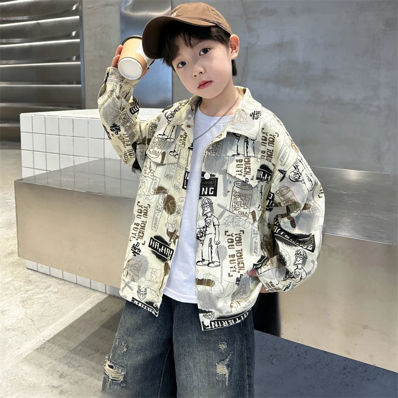 Veste en jean beige tendance printemps-automne pour enfant, dessins pour adolescents, style streetwear, taille 5-14 ans