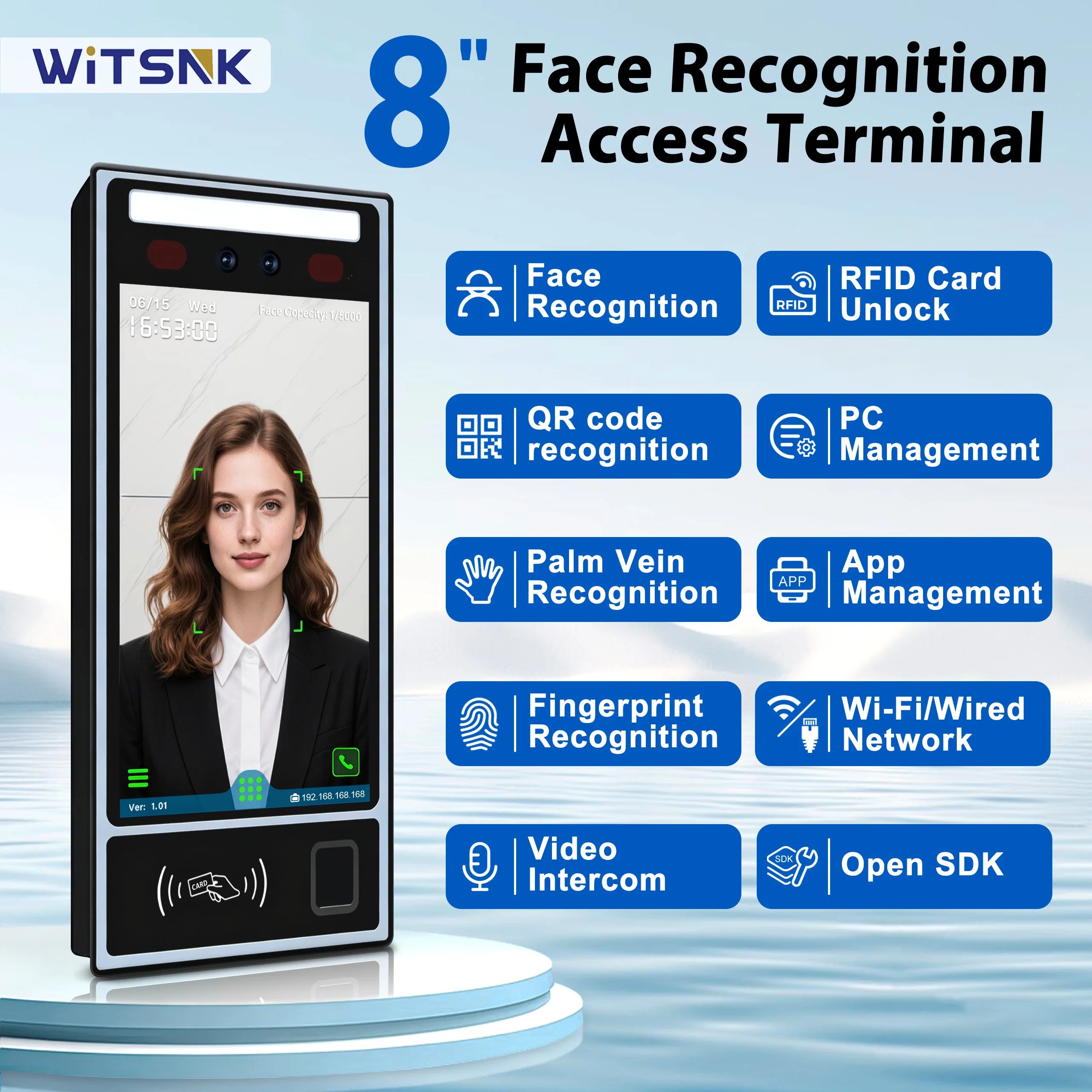 Terminal de contrôle d'accès et de présence multi-biométrique 8 pouces - Reconnaissance faciale, empreinte digitale et veine palmaire, Wi-Fi 4G TCP/IP