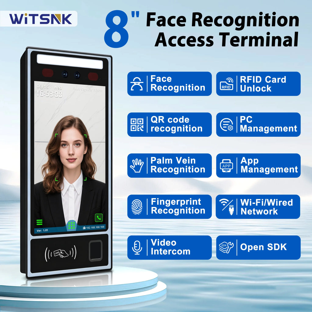 Terminal de contrôle d'accès et de présence multi-biométrique 8 pouces - Reconnaissance faciale, empreinte digitale et veine palmaire, Wi-Fi 4G TCP/IP