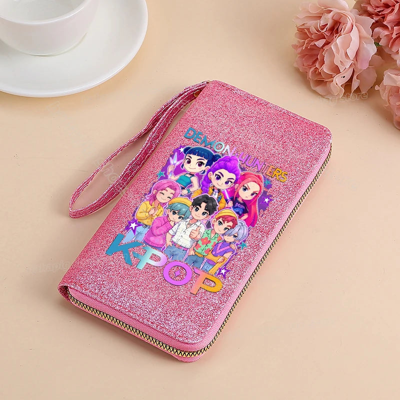Portefeuille long KPop Demon Hunters pour femmes, à paillettes et fermeture éclair, en cuir PU, porte-monnaie, porte-cartes d'identité, pochette pour femme