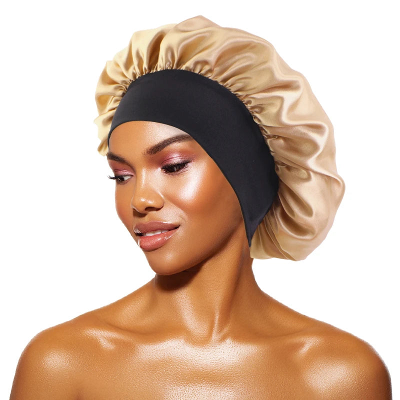 Bonnets solides en Satin pour femmes, Bonnet de bain à larges bords pour dormir la nuit, unisexe, bandeau élastique, Bonnet de soins capillaires
