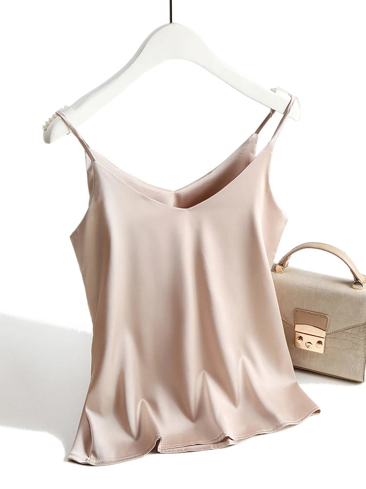 AOSSVIAO 2025 Spaghetti sangle haut femmes licou col en V basique blanc Cami sans manches Satin soie débardeurs femmes été Camisole