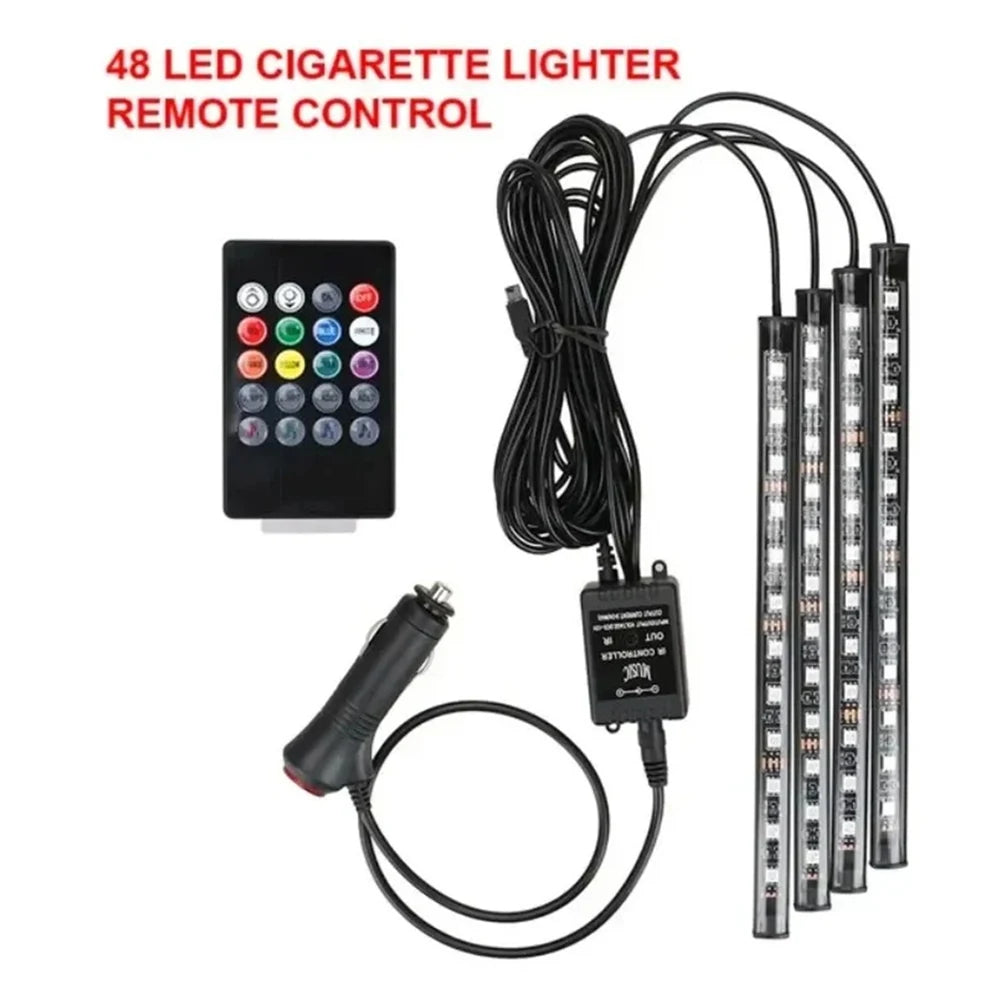 Bande LED néon 48 LED RGB pour éclairage d'ambiance au sol de voiture, avec port USB/prise allume-cigare et télécommande