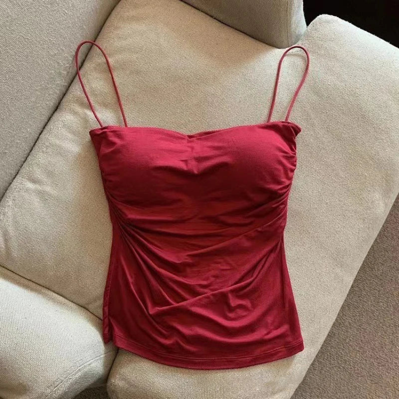 Débardeur sans manches plissé et ajusté pour femme, coupe courte, sexy et tendance, avec fines bretelles, couleur unie, style simple
