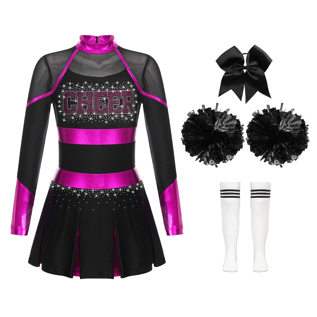 Uniformes de pom-pom girl pour enfants filles, 4 pièces, tenue de danse à l'école, paillettes brillantes, robe à épaules dénudées, déguisement de pom-pom girl de carnaval