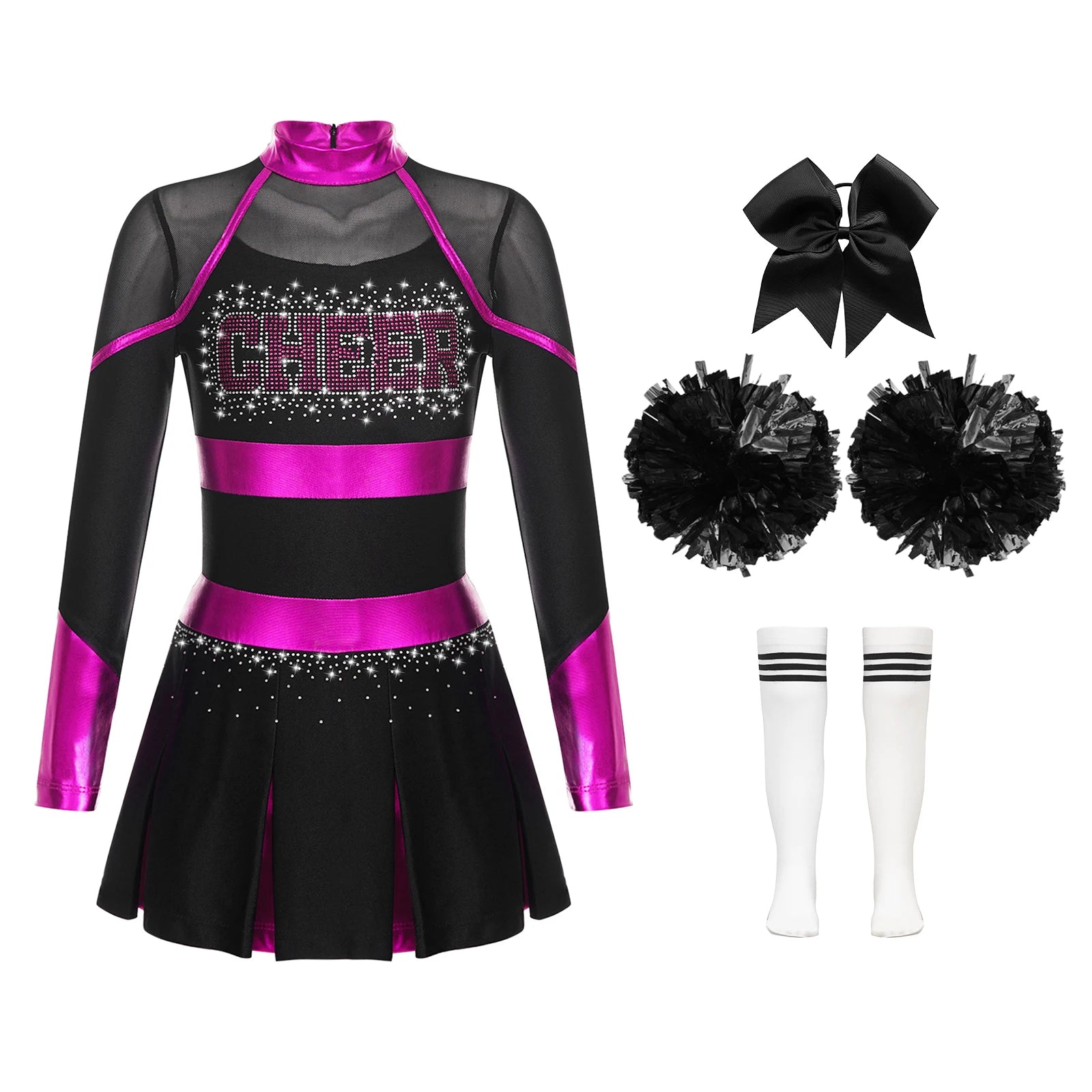 Uniformes de pom-pom girl pour enfants filles, 4 pièces, tenue de danse à l'école, paillettes brillantes, robe à épaules dénudées, déguisement de pom-pom girl de carnaval