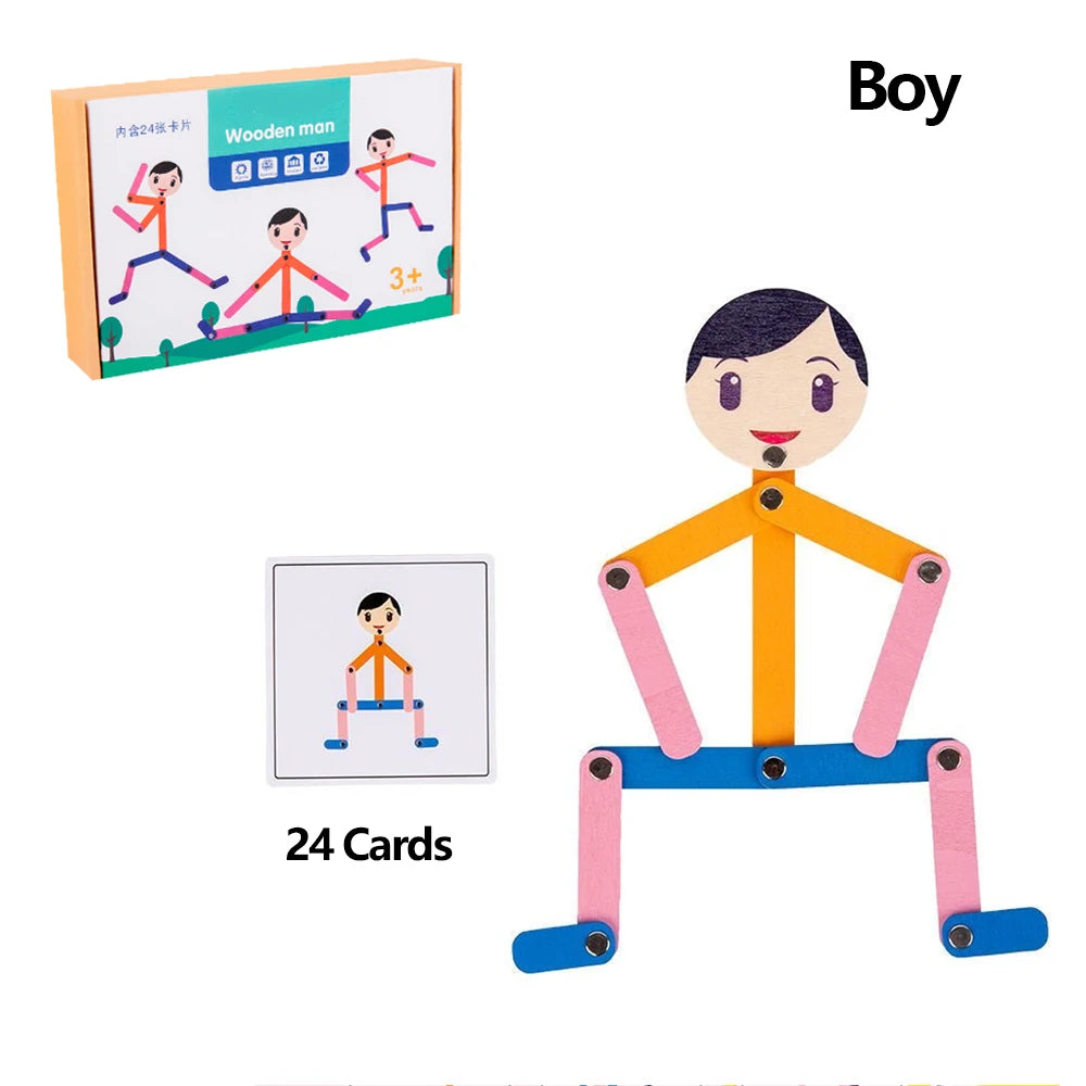 Jeu de puzzle en bois à monter soi-même, représentant un homme sportif, idéal pour l'éveil des enfants et le développement de la motricité fine