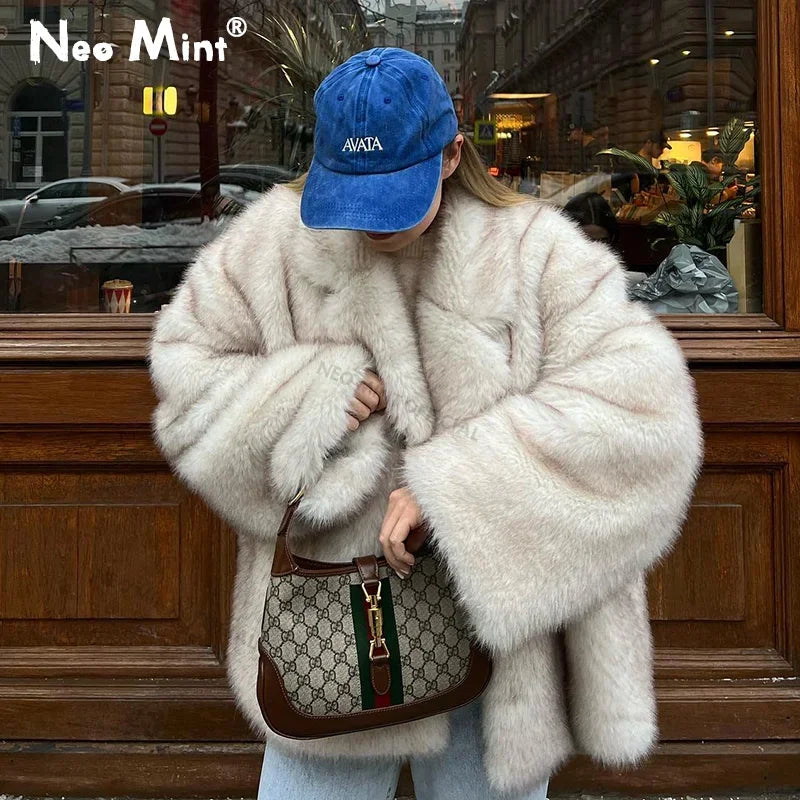 Neo Mint – manteau en fausse fourrure de renard surdimensionné pour femme, vêtement d'extérieur épais et chaud, à la mode, surdimensionné, dégradé, hiver 2024