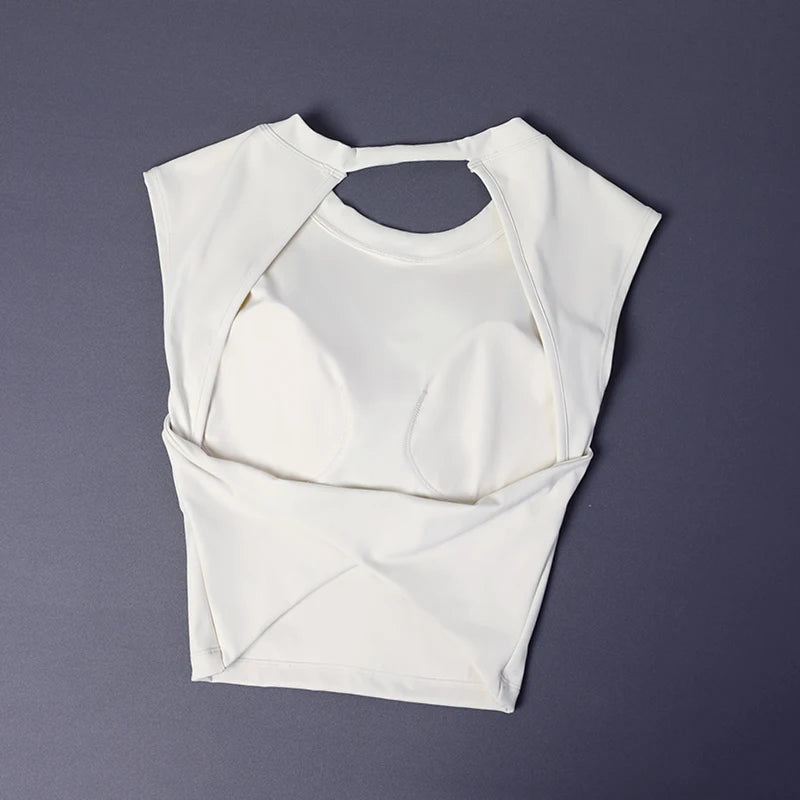 T-shirt de sport court, dos nu, avec coussinet de poitrine fixe, gilet moulant pour femmes, haut de yoga sans manches à séchage rapide