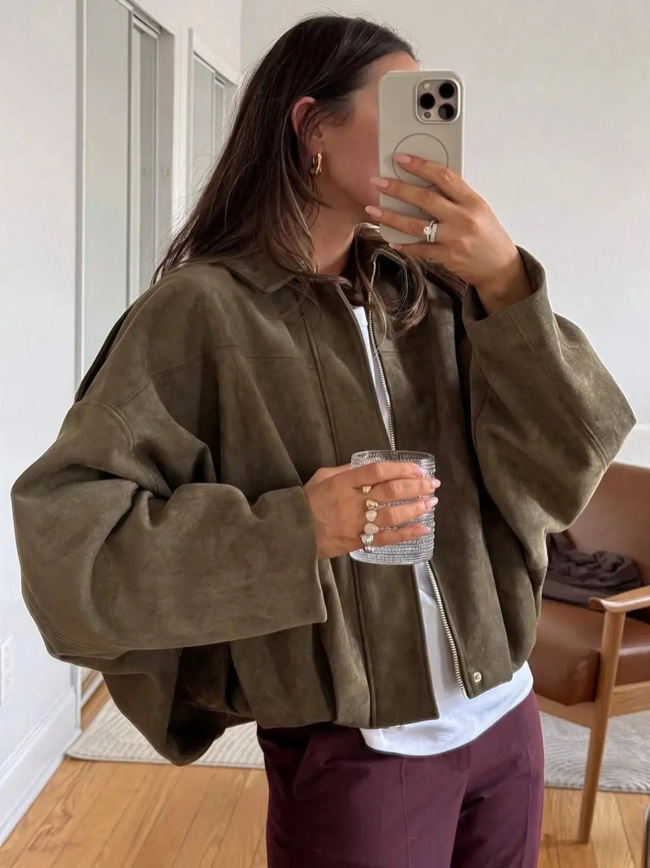 Vintage Women Green Oversize Bomber Jackets 2025 Fashion Ladies Elegant Loose Soft Outfits Jacket for Party Female Chic Clothes