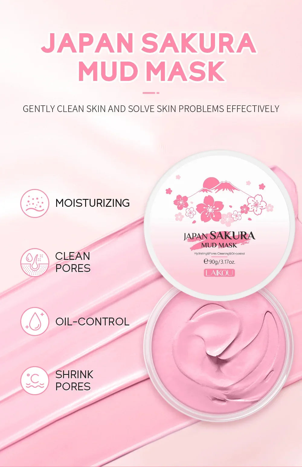 Laikou Sakura Masque de boue Nettoyant profond Contrôle des sébums Équilibre Antioxyde Rétrécissement des pores Enlève les points noirs Masque rafraîchissant du visage 90/25g