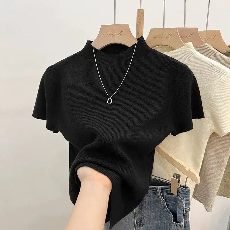 Pull d'été basique à col roulé, uni, fin, pour femme, en maille, coupe ajustée, manches courtes