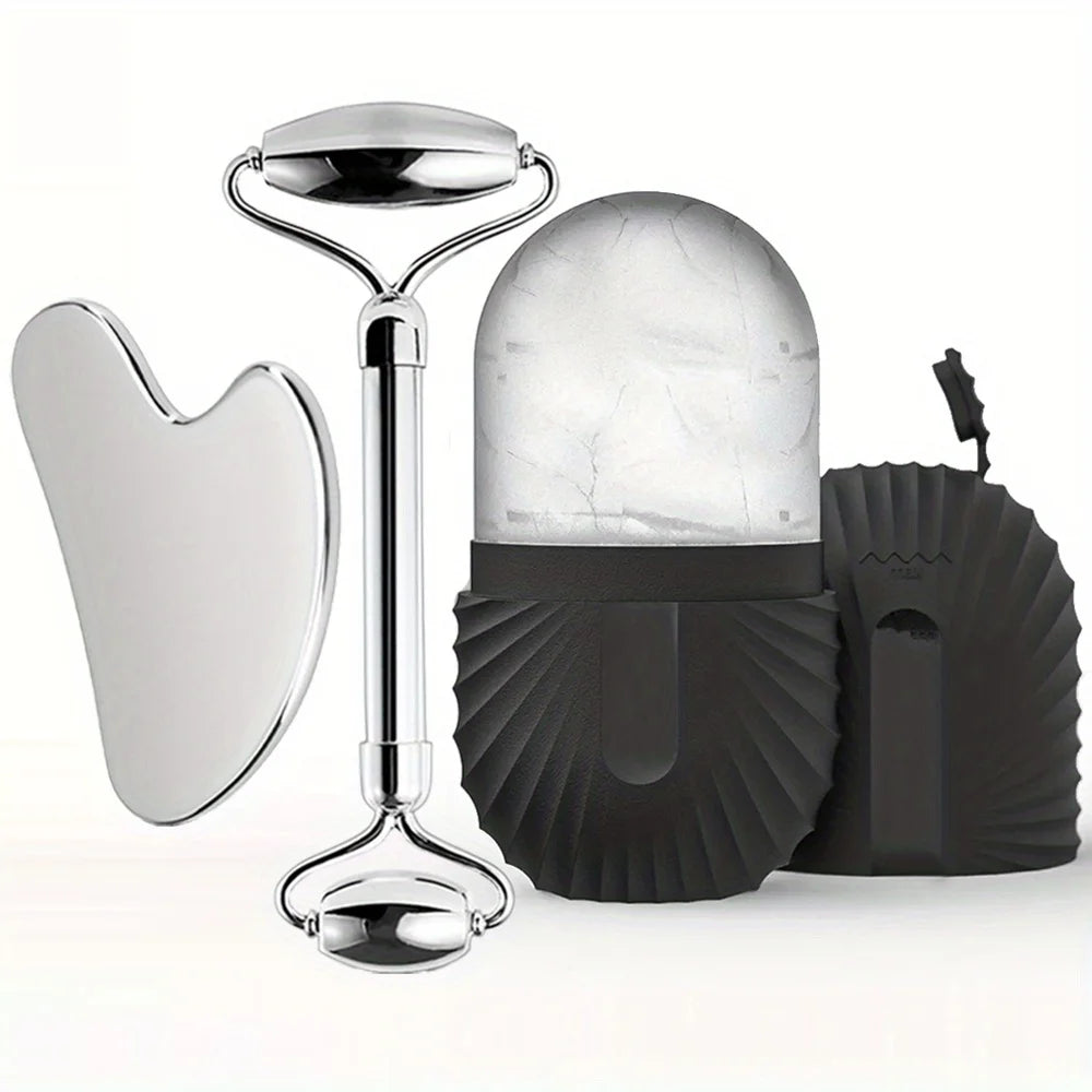 3in1 Stainless Steel Ice Face Roller & Gua Sha Facial Skincare Tool Kit Face Lifting Facial Treatment Reduce Acne Skin Care Tool