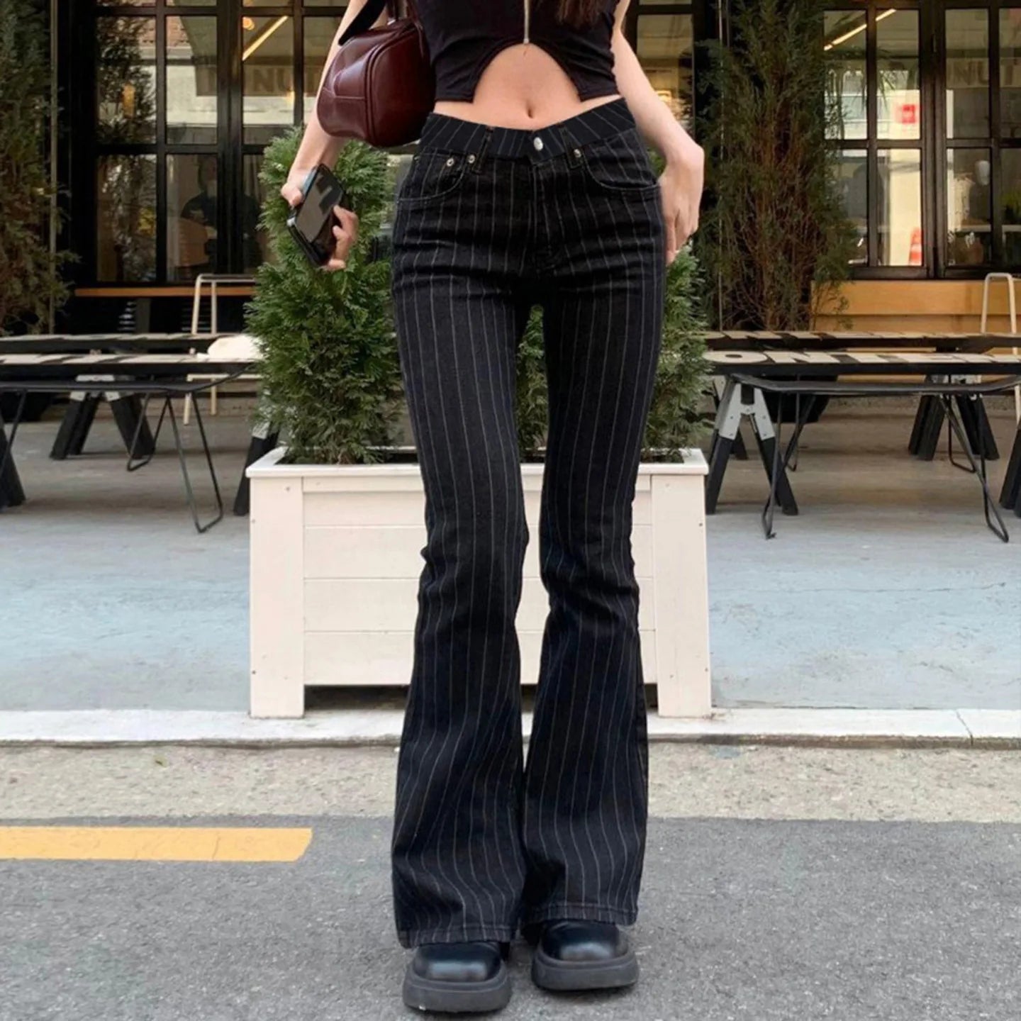 Jean taille basse pour femme, vêtement des années 2000, coupe botte, décontracté, rayé noir, pantalon en Denim, Streetwear, pantalon évasé, P77-DD25