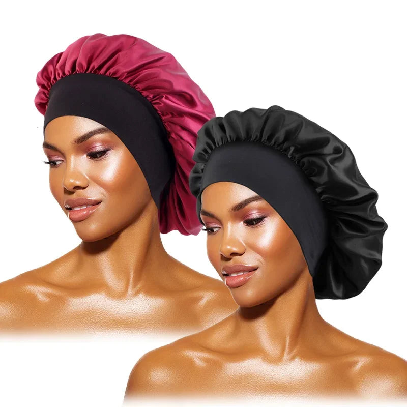 Bonnets solides en Satin pour femmes, Bonnet de bain à larges bords pour dormir la nuit, unisexe, bandeau élastique, Bonnet de soins capillaires