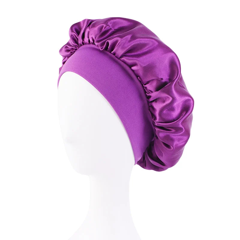 Bonnets solides en Satin pour femmes, Bonnet de bain à larges bords pour dormir la nuit, unisexe, bandeau élastique, Bonnet de soins capillaires
