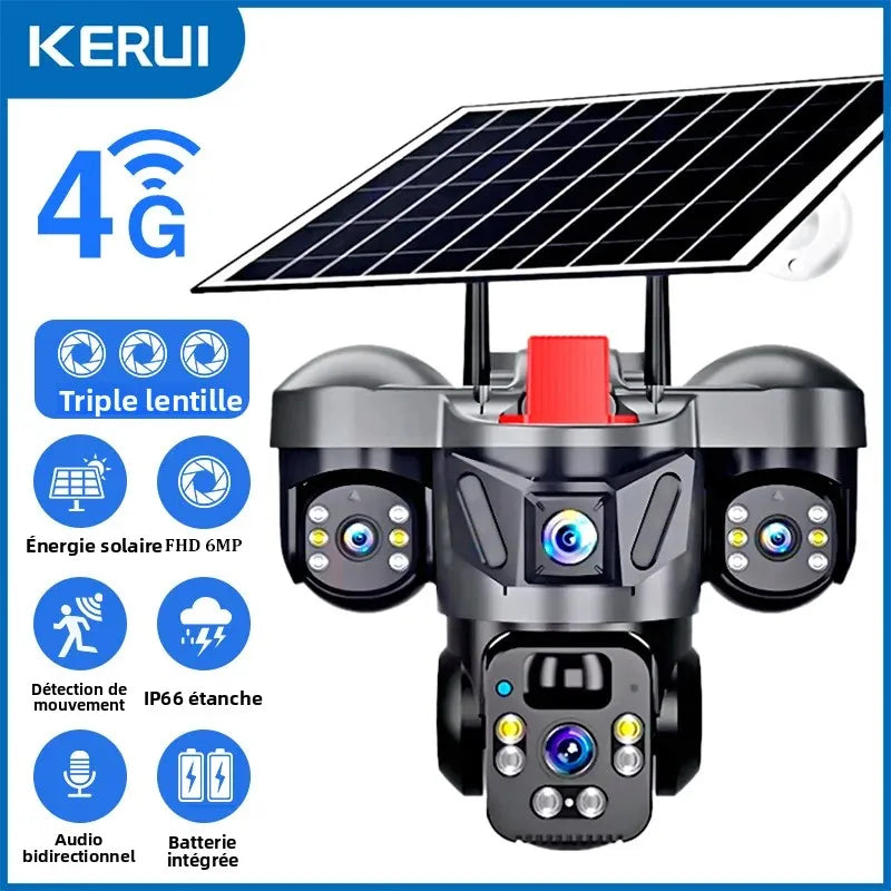 Caméra extérieure PTZ KERUI V380 Pro 6MP WIFI 4G avec panneau solaire, caméra de sécurité domestique à triple objectif, vidéosurveillance CCTV