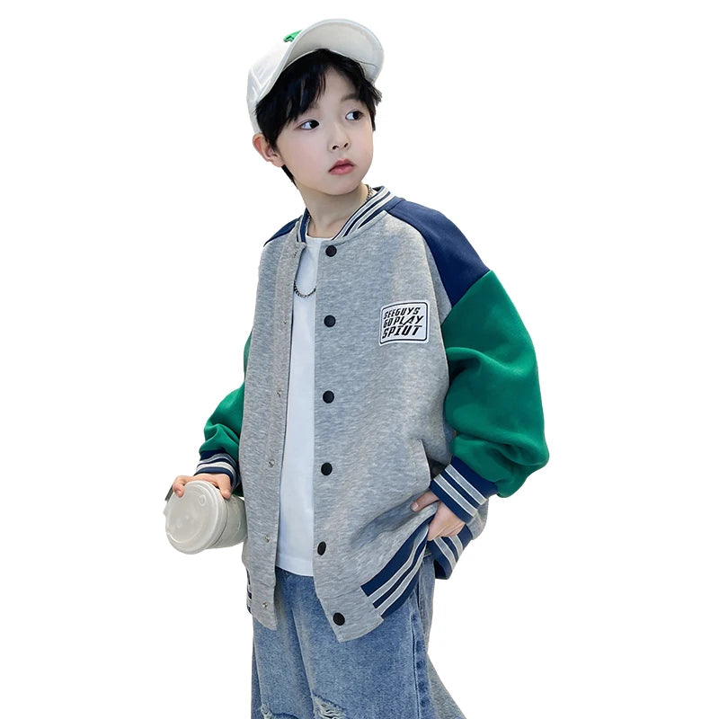 Veste de baseball tendance automne 2025 pour garçons, col rond, style sportif, tailles 5, 7, 9, 11, 13 et 14 ans