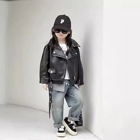 Vestes en cuir pour garçons et filles de 1 à 8 ans, manteaux classiques à mouche, vêtements d'extérieur à la mode pour bébés filles, printemps-automne