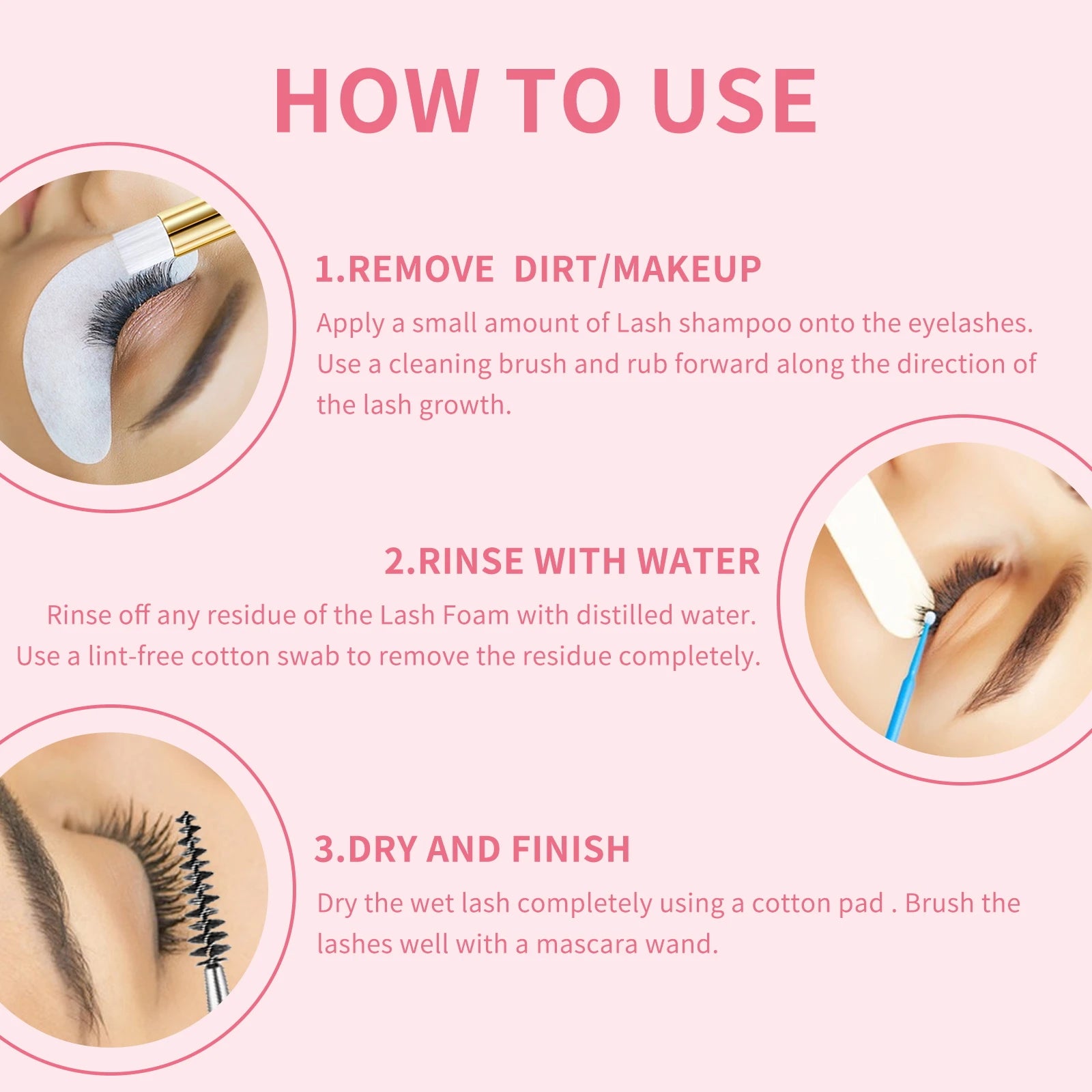 Shampoing moussant pour cils 100 ml + brosse et applicateur de mascara pour les paupières, nettoyant et démaquillant pour extensions de cils et extensions de cils
