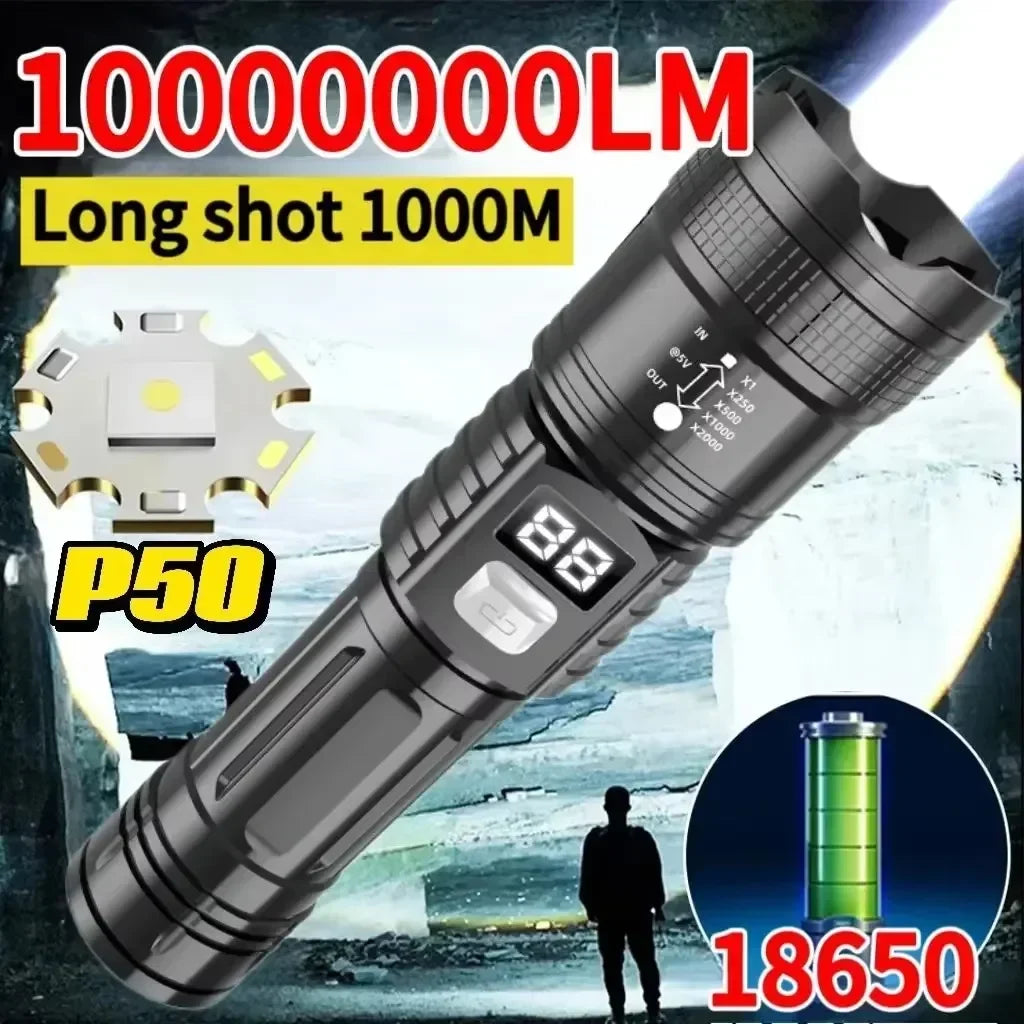 Lampe torche LED haute puissance, lampe tactique avec affichage lumineux, chargement USB, idéale pour le camping, la pêche et les situations d'urgence