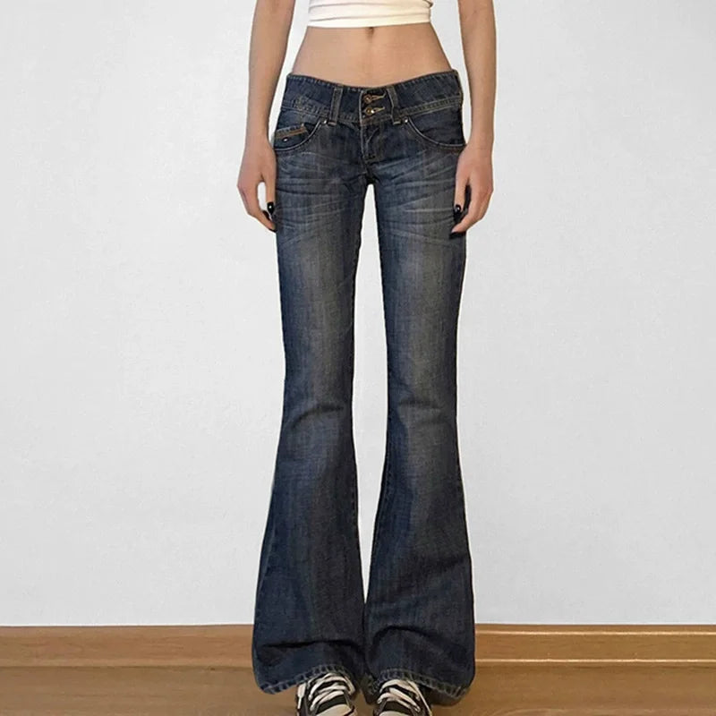 Jean taille basse pour femme, vêtement des années 2000, coupe botte, décontracté, rayé noir, pantalon en Denim, Streetwear, pantalon évasé, P77-DD25