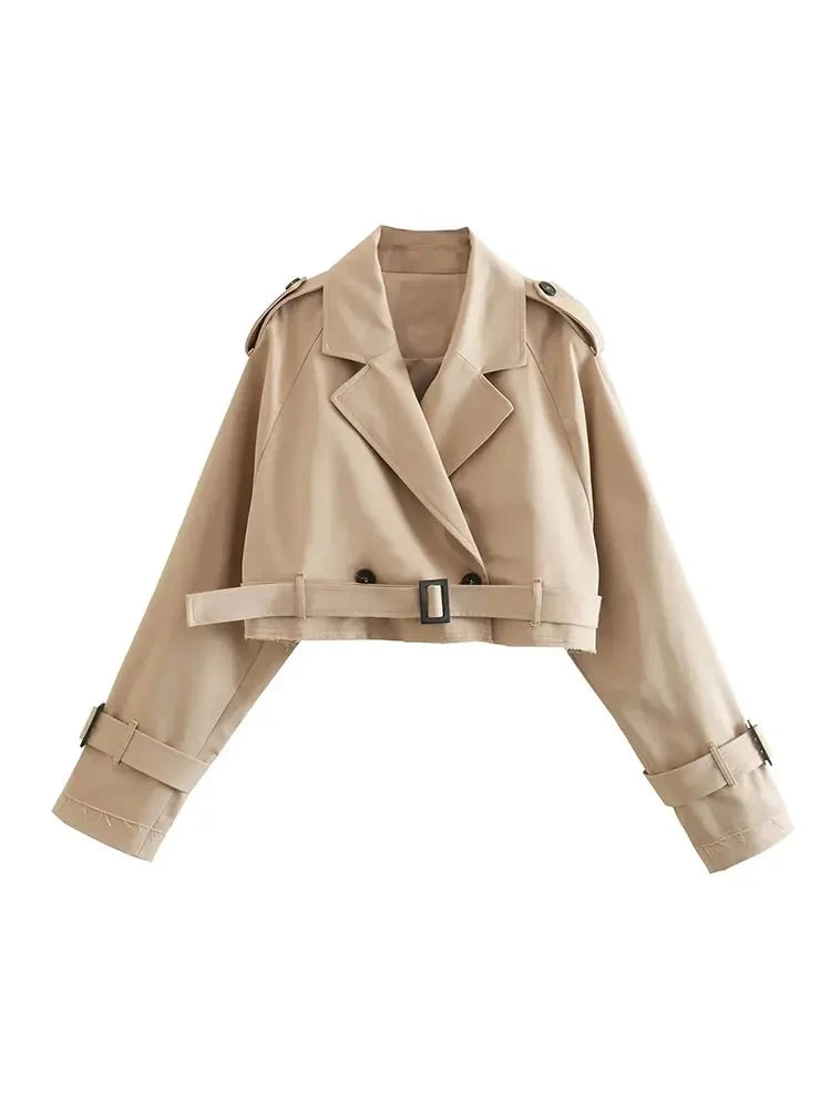 Veste Trench courte avec ceinture pour femme, Streetwear Vintage, Double boutonnage, manches longues, haut, manteau féminin, tenues de printemps, 2024