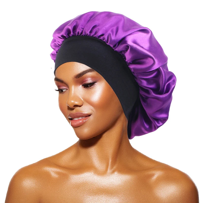 Bonnets solides en Satin pour femmes, Bonnet de bain à larges bords pour dormir la nuit, unisexe, bandeau élastique, Bonnet de soins capillaires