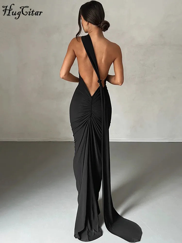 Robe maxi sexy Hugcitar asymétrique dos nu à bretelles, avec boucle d'écharpe ajustable et fronces. Tenue élégante style streetwear Y2K pour festival