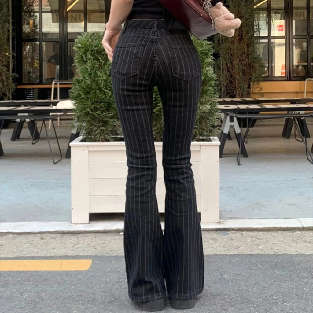 Jean taille basse pour femme, vêtement des années 2000, coupe botte, décontracté, rayé noir, pantalon en Denim, Streetwear, pantalon évasé, P77-DD25