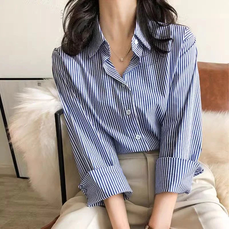 Classique Rayé Femme Printemps Automne Blouses Chemise Dame Longue Lanterne Manches Col Montant Lâche Haut Blouse