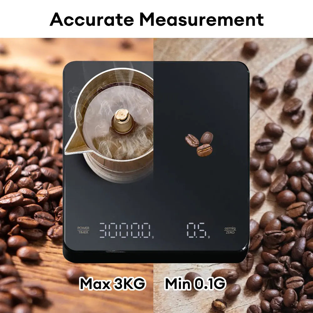 Balance de cuisine numérique avec minuteur, écran LED, port USB, capacité maximale de 3 kg, précision de pesée de 0,1 g, mesures en oz/ml/g.